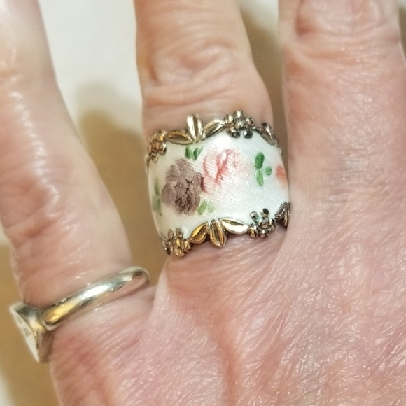 ANTIQUE Sterling Enameled Flower Ring Band - Picture 2 of 6